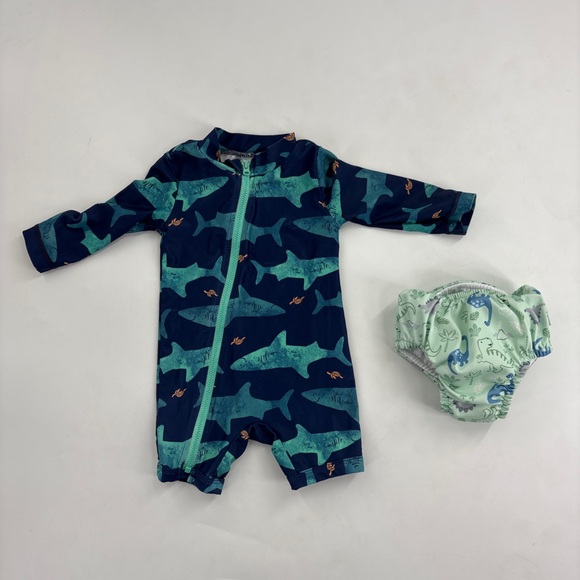 Shark Print Baby Swimsuit with Dinosaur Swim Diaper - Picture 1 of 4
